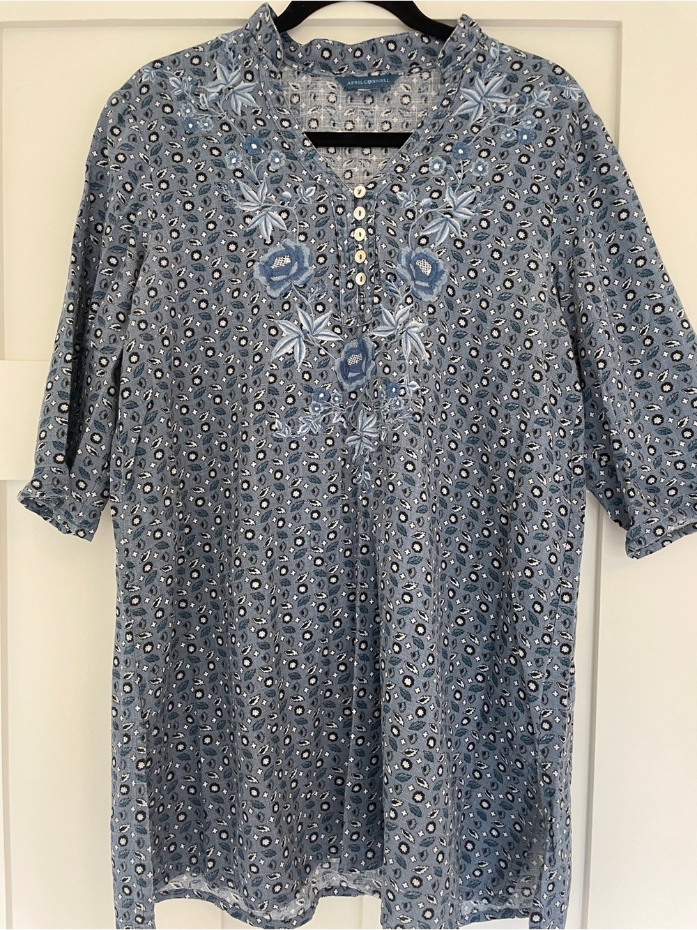 April Cornell Vintage Floral Embroidery Leaf Block Print Cotton Tunic